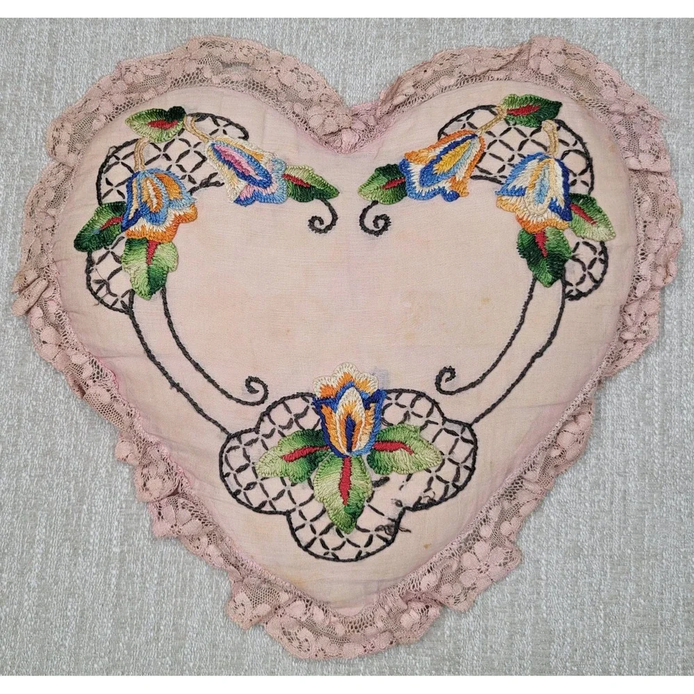 Vintage Embroidered Heart Shaped Pillow Lace 12x12 Shabby‎ Chic Cottagecore